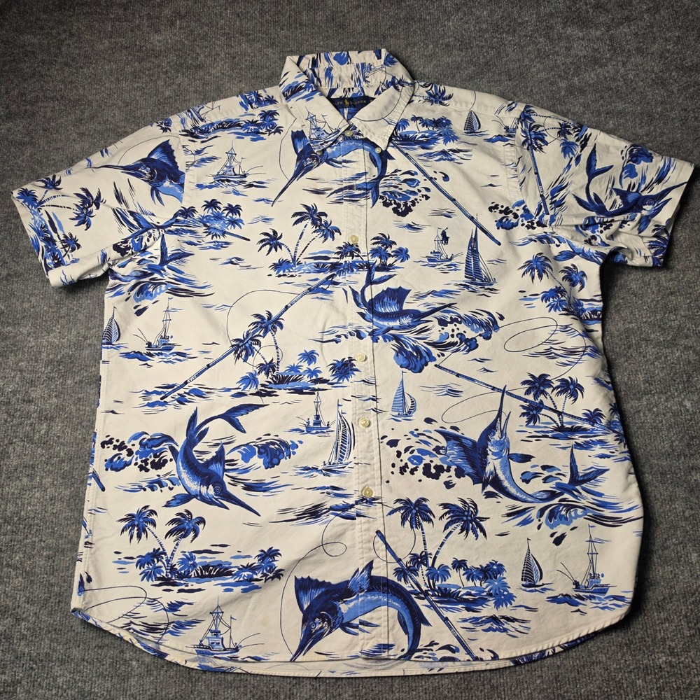 Ralph Lauren Mens XL Marlin Sailboat Nautical Print Cotton Short Sleeve Shirt